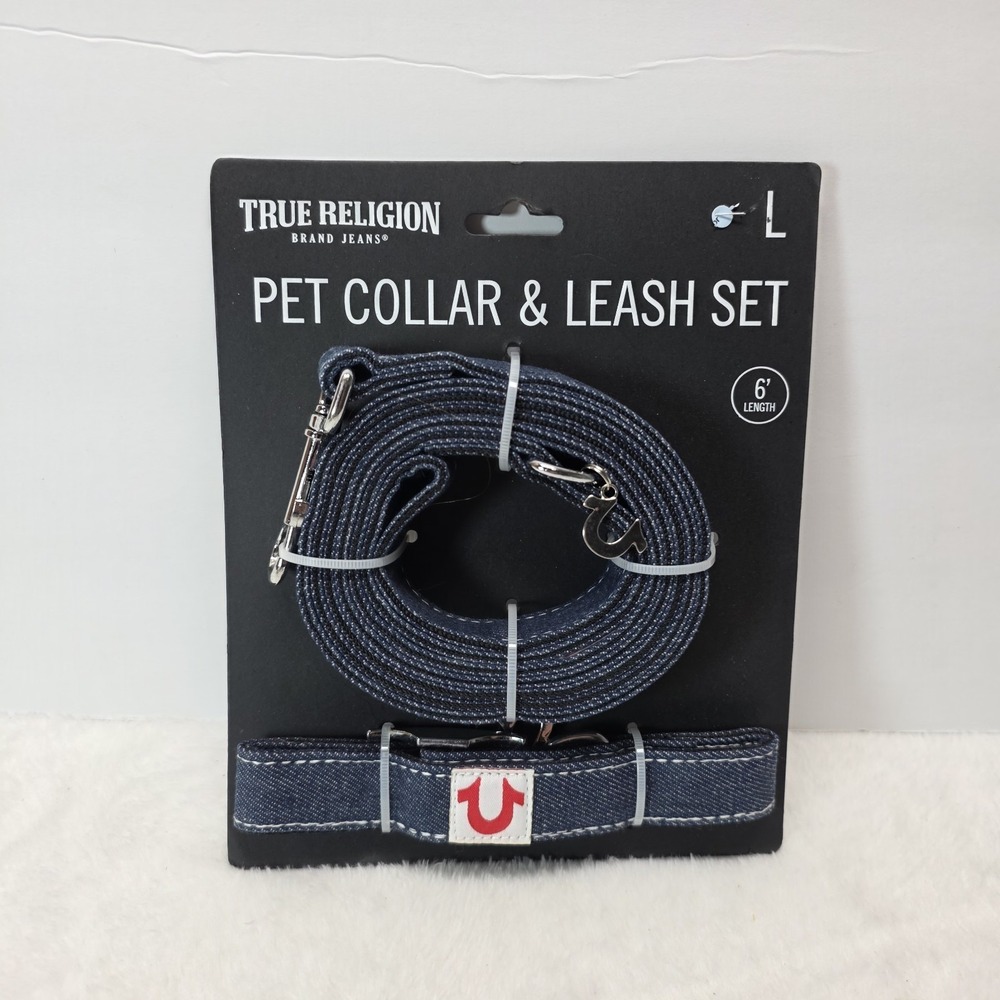 Dog True Religion Pet Collar & Leash Set Size Large Denim Blue NEW